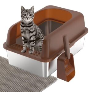 Large Stainless Steel Cat Litter Box with Lid, Mat, and Scoop for Big Cats